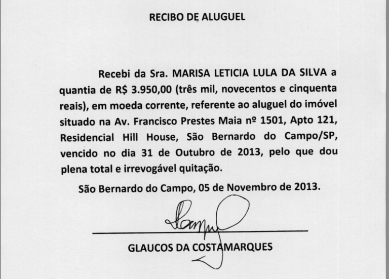 Reprodução de um dos recibos entregues pela defesa de Lula
